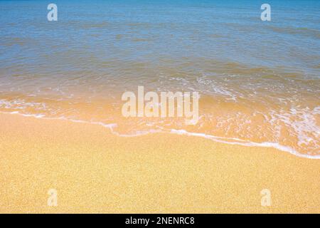 La côte de la mer d'Azov. Les vagues de la mer roulent sur le rivage sablonneux. Plage de sable de Seashell. Banque D'Images