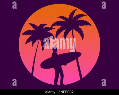 Surfer avec planche de surf sur fond de coucher de soleil. Silhouette d'un surfeur et de palmiers sur le fond d'un soleil dégradé. Design pour bannières, poster Illustration de Vecteur