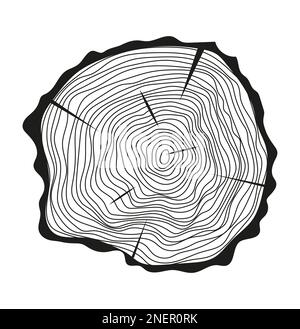 Le tronc de l'arbre coupe le vecteur dans une esquisse dessinée à la main. Écorce d'arbre avec fissures, pin scié circulaire. Anneaux en bois. Tranches de chêne, symbole de bois. Illustration de Vecteur