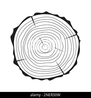 Le tronc de l'arbre coupe le vecteur dans une esquisse dessinée à la main. Écorce d'arbre avec fissures, pin scié circulaire. Anneaux en bois. Tranches de chêne, symbole de bois. Illustration de Vecteur