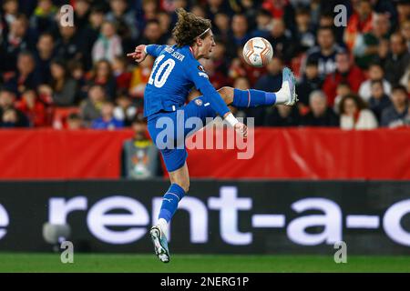 Fabio Silva du PSV Eindhoven pendant le match de l'UEFA Europa League, Play-off, 1st jambe entre le FC Séville et le PSV Eindhoven a joué au stade Ramon Sanchez Pizjuan sur 16 février 2023 à Séville, Espagne. (Photo par Antonio Pozo / PRESSIN) Banque D'Images