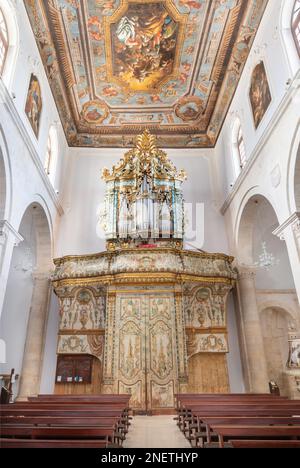 POLIGNANO A MARE, ITALIE - 4 MARS 2022 : la nef de la cathédrale de Matrice avec le plafond de Lucas Alvese à partir de début 17. cent. Banque D'Images