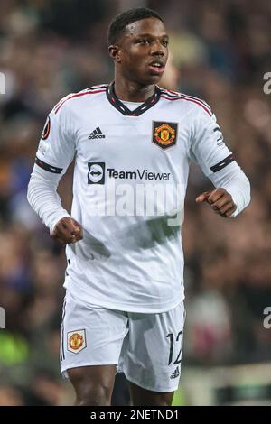 Barcelone, Espagne. 16th févr. 2023. Tyrell Malacia #12 de Manchester United lors de l'UEFA Europa League Knockout Round Play-offs Barcelone vs Manchester United à Spotify Camp Nou, Barcelone, Espagne, 16th février 2023 (photo de Mark Cosgrove/News Images) à Barcelone, Espagne, le 2/16/2023. (Photo de Mark Cosgrove/News Images/Sipa USA) crédit: SIPA USA/Alay Live News Banque D'Images