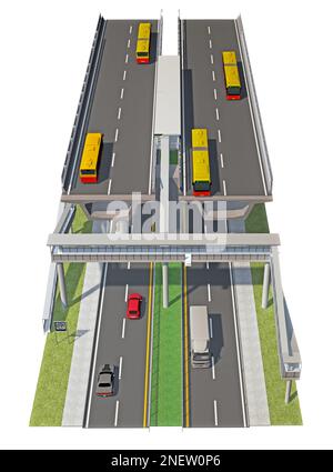 partie d'une route à deux étages avec une passerelle surélevée isolée sur blanc. 3d rendu Banque D'Images