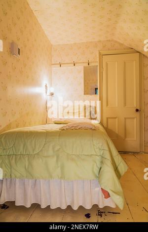 Lit simple avec couvre-lit vert citron dans la chambre d'amis à l'étage avec des planchers en bois de pin peint blanc à l'intérieur de la vieille maison de style cottage 1820. Banque D'Images