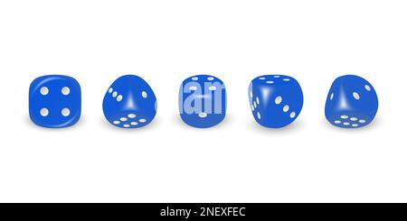 Vector 3D jeu bleu réaliste Dice avec jeu d'icônes à points blancs gros plan isolé sur fond blanc. Cubes de jeu pour jouer dans différentes positions Illustration de Vecteur