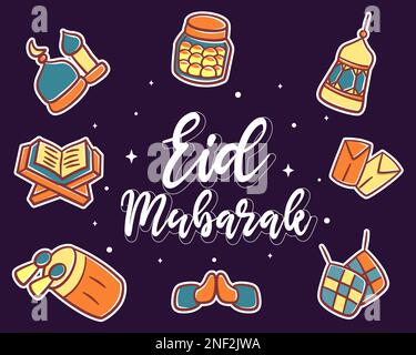 Joli autocollant de l'illustration de la bande dessinée Eid mubarak Illustration de Vecteur