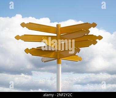 Signe de concept d'indécision, panneau de signalisation blanc à directions multiples, options multiples, panneaux de signalisation jaunes vides contre le ciel bleu avec des nuages arrière Banque D'Images