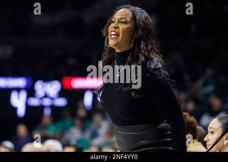 16 février 2023 : Niele Ivey, entraîneur-chef de notre Dame, lors du match de basket-ball féminin de la NCAA entre les Cardinals de Louisville et les combattants irlandais de notre Dame au Pavillon Purcell au Centre Joyce de South Bend, Indiana. Notre Dame a battu Louisville 78-76 en heures supplémentaires. John Mersiits/CSM. Banque D'Images