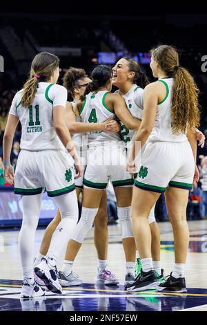 16 février 2023 : les joueurs de notre Dame réagissent au panier fabriqué lors de l'action du jeu de basket-ball féminin NCAA entre les Cardinals de Louisville et les irlandaises de notre Dame au Pavillon Purcell au Centre Joyce de South Bend, Indiana. Notre Dame a battu Louisville 78-76 en heures supplémentaires. John Mersiits/CSM. Banque D'Images
