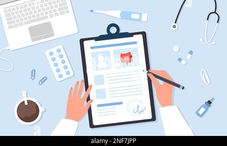 Concept de coloscopie. Proctologue écrivant les résultats de l'examen de l'intestin. Top View médecin lieu de travail avec listes, pilules et stéthoscope. Vecteur Illustration de Vecteur