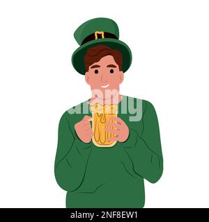 Bonne rue Patrick. Jeune homme irlandais heureux célébrant St. Patrick Day et tenant une tasse de bière dans ses mains. Illustration vectorielle plate isolée o Illustration de Vecteur