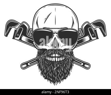 Crâne en lunettes de soleil avec moustache et barbe avec clé de construction pour tuyau de plomberie de gaz et de construction ou outil de réparation de clé mécanique d'atelier de carrosserie Illustration de Vecteur