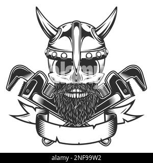 Crâne viking en casque à cornes avec moustache et barbe avec clé de construction pour la réparation de tuyaux de tuyauterie de gaz et de construction ou de clé mécanique d'atelier de carrosserie Illustration de Vecteur