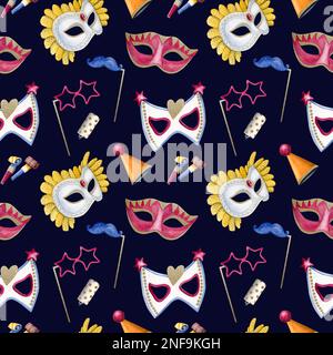 Motif aquarelle sans couture avec masques de carnaval, chapeaux de fête, cornes de fête, moustaches. Mardi gras Parade fond. Banque D'Images