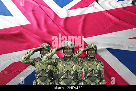 3D Illustration d'un soldat de l'armée britannique avec drapeau de la nation. Carte de vœux pour la fête des anciens combattants, le jour du souvenir et le jour de l'indépendance. Célébration au royaume-Uni. Banque D'Images