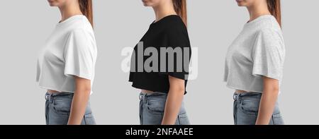 Modèle blanc, noir, chiné brassière avec plis, t-shirt texturé sur une fille, pour le design, l'impression, la publicité, vue latérale. Maquette de la mode pour femme Banque D'Images