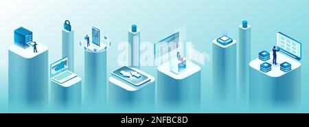 Vecteur isométrique de la technologie numérique, de l'analyse des Big Data et du réseau sécurisé par ordinateur Illustration de Vecteur