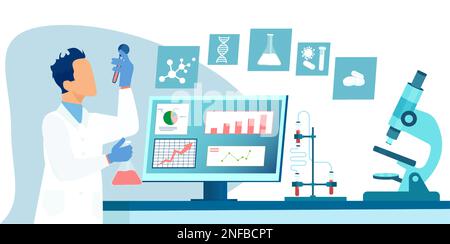 Vecteur d'un médecin scientifique travaillant dans le laboratoire médical analysant les résultats des tests sur ordinateur et tenant un flacon Illustration de Vecteur