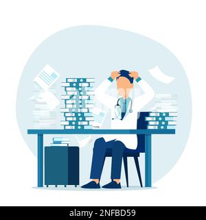 Vecteur d'un homme surtravaillé stressé médecin assis à un bureau dans son bureau Illustration de Vecteur
