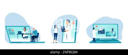 Ensemble vectoriel de patients jeunes et âgés ayant des consultations en ligne avec des spécialistes médicaux Illustration de Vecteur