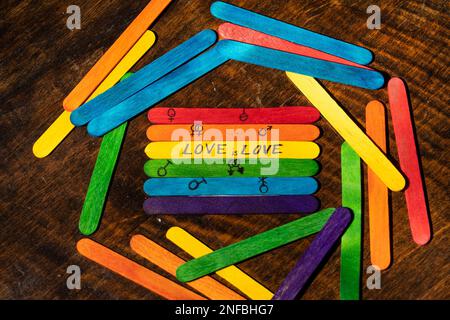 Bâtonnets de popsicle multicolores avec « l'amour est l'amour » écrit sur eux, gai et lumineux Banque D'Images