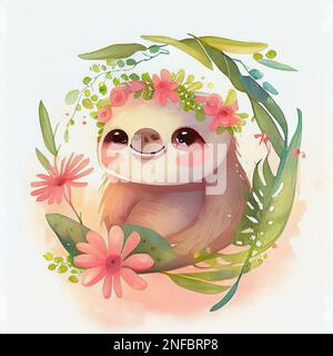 Aquarelle illustration de charme bébé sloth caractère avec couronne de fleur. Adorable jungle tropicale ours drôle dans couronne florale, cadre de plantes et Banque D'Images