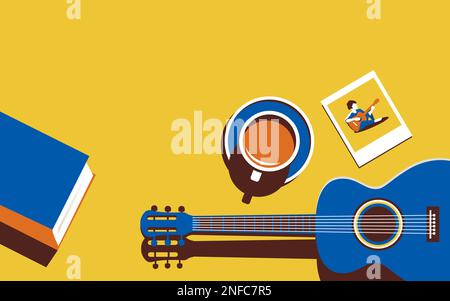 Illustration vectorielle d'une guitare et d'autres éléments sur fond jaune. Illustration minimaliste dans des couleurs tendance. Concept de musique ou souvenirs ou Illustration de Vecteur