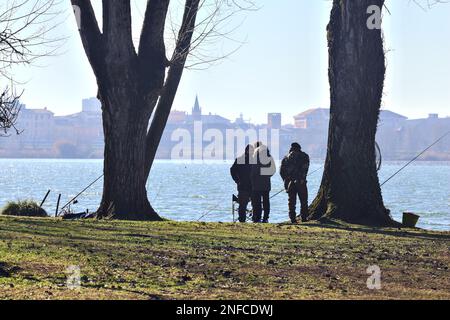 Pêcheur au bord du lac entre les arbres par une journée ensoleillée en hiver Banque D'Images