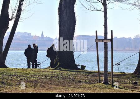 Pêcheur au bord du lac entre les arbres par une journée ensoleillée en hiver Banque D'Images