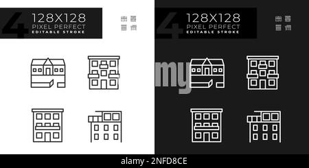 Types d'appartement pixel Perfect icônes linéaires ensemble pour le mode sombre, clair Illustration de Vecteur