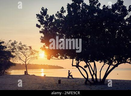 Une femme heureuse en silhouette prenant des photos avec son téléphone sur la plage tropicale près du palmier de l'île de Phi Phi dans le sud de la Thaïlande. Magazine de voyage v Banque D'Images