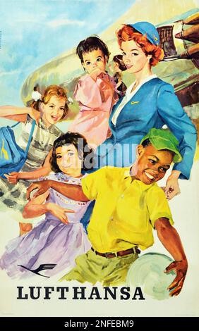 Vintage 1950s Lufthansa Travel Poster - accompagnateur de vol avec enfants Banque D'Images