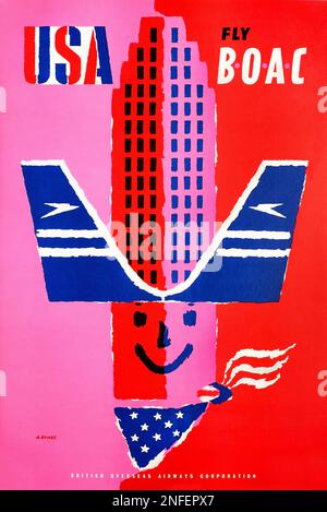 VINTAGE 1950s Airline Travel Poster: USA Fly BOAC Airline Travel .1955 Banque D'Images