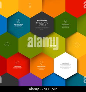 Modèle de rapport Infographique vectoriel minimaliste coloré avec mosaïque hexagons rempli de diverses informations, icônes et nombres. Simple 3D réaliste lui Illustration de Vecteur
