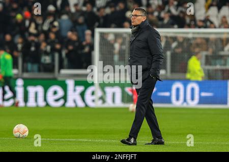 Turin, Italie. 16th févr. 2023. Marco Landucci entraîneur en chef adjoint du Juventus FC vu lors de l'UEFA Europa League 2022/23 Jouez au match de football de la première jambe entre le Juventus FC et le FC Nantes au stade Allianz. Score final; Juventus 1:1 Nantes. Crédit : SOPA Images Limited/Alamy Live News Banque D'Images