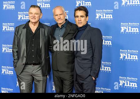 Santa Barbara, États-Unis. 16th févr. 2023. Brendan Gleeson, Martin McDonagh et Colin Farrell arrivent à l'événement de tapis rouge du Festival international du film de Santa Barbara 2023 pour recevoir le prix Vanguard du cinéma au Arlington Theatre on 16 février 2023 à Santa Barbara, CA. (Photo de Rod Rolle/Sipa USA) Credit: SIPA USA/Alay Live News Banque D'Images