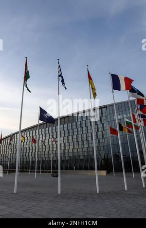 Bruxelles, région de Bruxelles-capitale, Belgique. 15th févr. 2023. Les drapeaux de l'OTAN et des pays membres de l'OTAN flottent le jour d'une réunion des ministres de la Défense de l'OTAN au siège de l'OTAN à Bruxelles, Belgique, 15 février 2023. (Credit image: © Valeria Mongelli/ZUMA Press Wire) USAGE ÉDITORIAL SEULEMENT! Non destiné À un usage commercial ! Banque D'Images