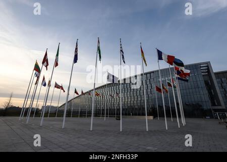Bruxelles, région de Bruxelles-capitale, Belgique. 15th févr. 2023. Les drapeaux de l'OTAN et des pays membres de l'OTAN flottent le jour d'une réunion des ministres de la Défense de l'OTAN au siège de l'OTAN à Bruxelles, Belgique, 15 février 2023. (Credit image: © Valeria Mongelli/ZUMA Press Wire) USAGE ÉDITORIAL SEULEMENT! Non destiné À un usage commercial ! Banque D'Images