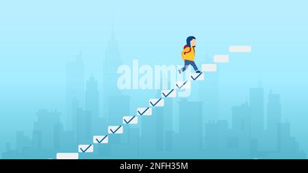 Progression du début à la réussite dans l'éducation. Vecteur d'une jeune fille étudiant monter sur l'échelle, les étapes avec des coches pour atteindre le but. Illustration de Vecteur