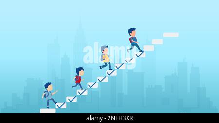 Progression du début à la réussite dans l'éducation. Vecteur des enfants élèves grimpant sur l'échelle, étapes avec des coches pour atteindre la cible. Illustration de Vecteur