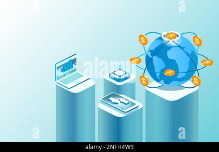 Vecteur isométrique d'échange monétaire, banque mondiale, crédit, outils financiers en ligne, concept d'analyse des données de marché Illustration de Vecteur