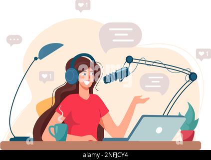 Girl enregistre le podcast, dirige un webinaire, des cours en ligne, le concept d'un podcast éducatif. Le blogueur enregistre de l'audio. Peut être utilisé pour la bannière Web, l'infographie. Illustration vectorielle, isolée Illustration de Vecteur