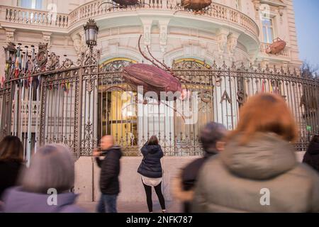 Madrid, Madrid, Espagne. 16th févr. 2023. Six cafards géants aux têtes d'êtres humains restent perchés au sommet du palais. Le projet d'exposition, appelé survivants, est un hommage à la métamorphose de Kafka et peut être interprété comme un avertissement sur les risques d'être séduit par l'ego et la puissance tout en oubliant notre nature humaine. Composés de douze pièces au total, les six cafards restants des survivants sont exposés à l'intérieur du Centre Conde Duque dans le cadre de l'exposition 'Mundos. Goya et Fabelo', qui sera en cours jusqu'à 30 juillet et est organisé par la Fundacion Ibercaja et le Madr Banque D'Images