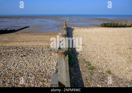 Whitstable, Kent, Angleterre, Royaume-Uni. Groyne sur la plage - structure en bois menant vers le bas de la plage à angles droits à la mer pour arrêter le mouvement de theshi Banque D'Images