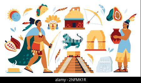 Mayan et la vie indienne - jeu d'illustrations de style plat Illustration de Vecteur