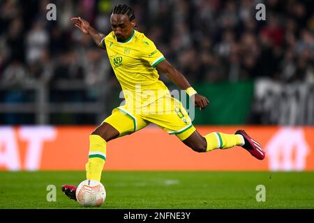 Turin, Italie. 16 février 2023. Samuel Moutoussamy du FC Nantes en action lors de l'UEFA Europa League Knockout Round play-off leg un match de football entre le Juventus FC et le FC Nantes. Credit: Nicolò Campo/Alay Live News Banque D'Images