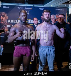 LONDRES, ROYAUME-UNI. 16th févr. 2023. Pendant Adeleye vs Bezus poids officiel à l'Holiday Inn Londres, Whitechapel jeudi, 16 février 2023 à LONDRES, ANGLETERRE. Credit: Taka G Wu/Alay Live News Banque D'Images