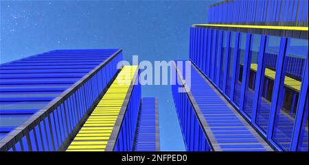 Vue de dessous de la tour d'appartement avec des éléments bleus et jaunes de l'extérieur de verre contre le ciel de nuit. 3d rendu. Banque D'Images