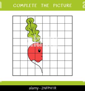 Complétez la photo de radis mignon. Jeu éducatif simple pour les enfants Banque D'Images